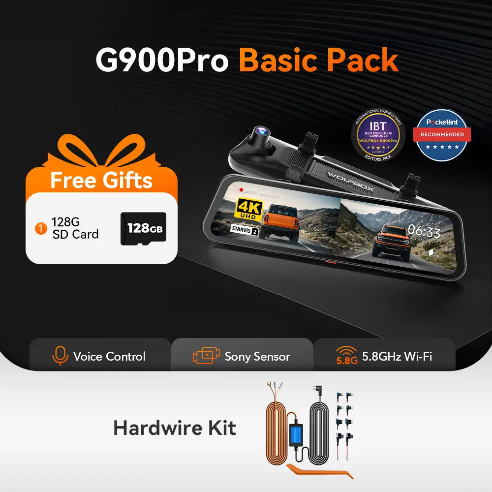 WOLFBOX G900Pro 12MP WiFi Rear View Mirror Dash Cam Smart Mirror Touch Screen RHD 3Wliners AU