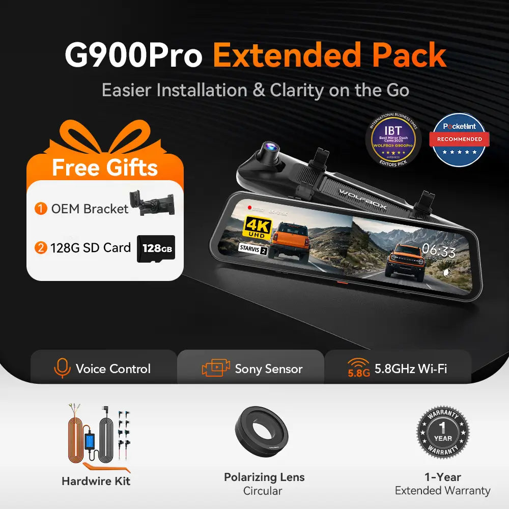 WOLFBOX G900Pro 12MP WiFi Rear View Mirror Dash Cam Smart Mirror Touch Screen RHD 3Wliners AU