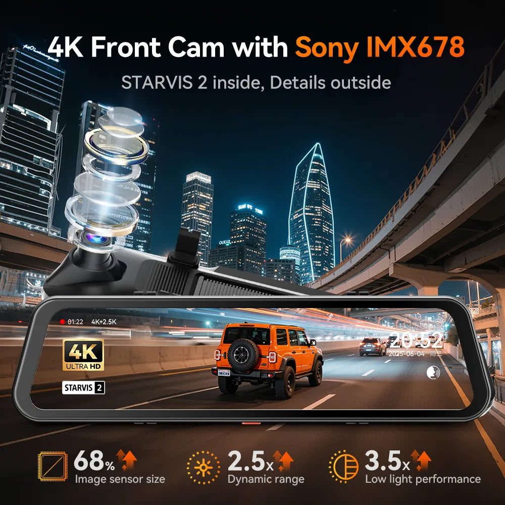 WOLFBOX G900Pro 12MP WiFi Rear View Mirror Dash Cam Smart Mirror Touch Screen RHD 3Wliners AU